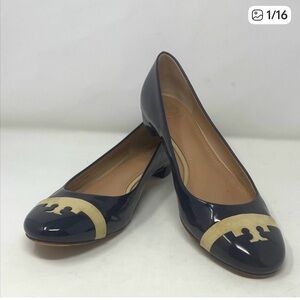 Tory Burch Navy Blue Tan Tricolor Patent Leather T Logo Ballet Flats Size 9.5